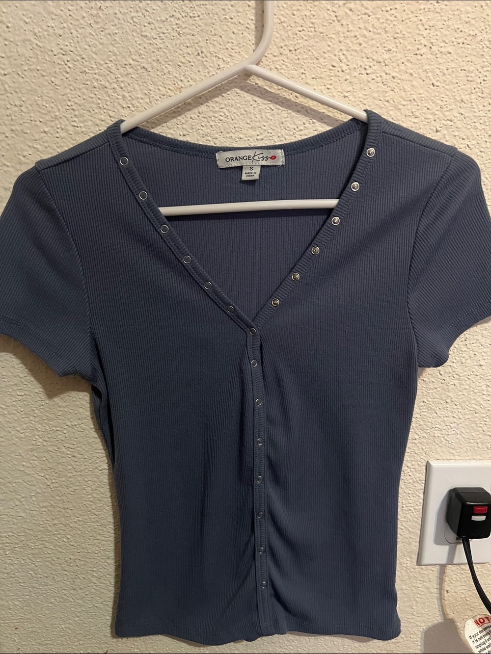 Navy Snap-Front Ribbed Short Sleeve Top
